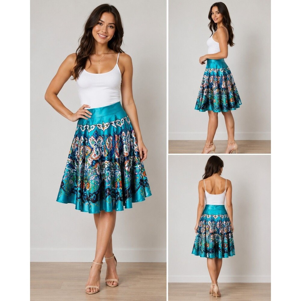 Turquoise Satin Floral Paisley Circle Skirt Women's Size 3 Knee Length
